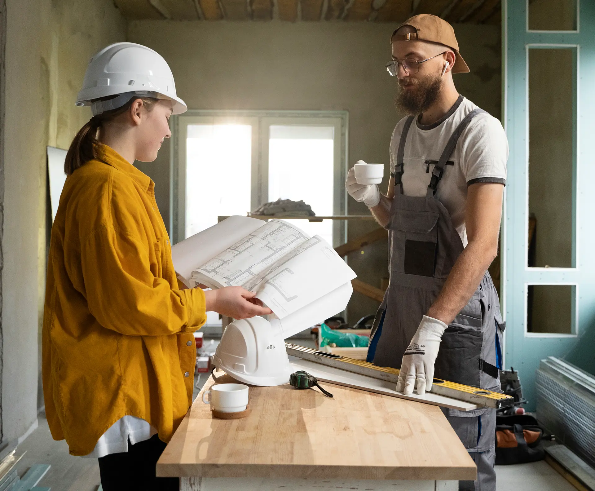 Woman in a hard hat reviewing blueprints with a contractor at a workbench inside a building under renovation