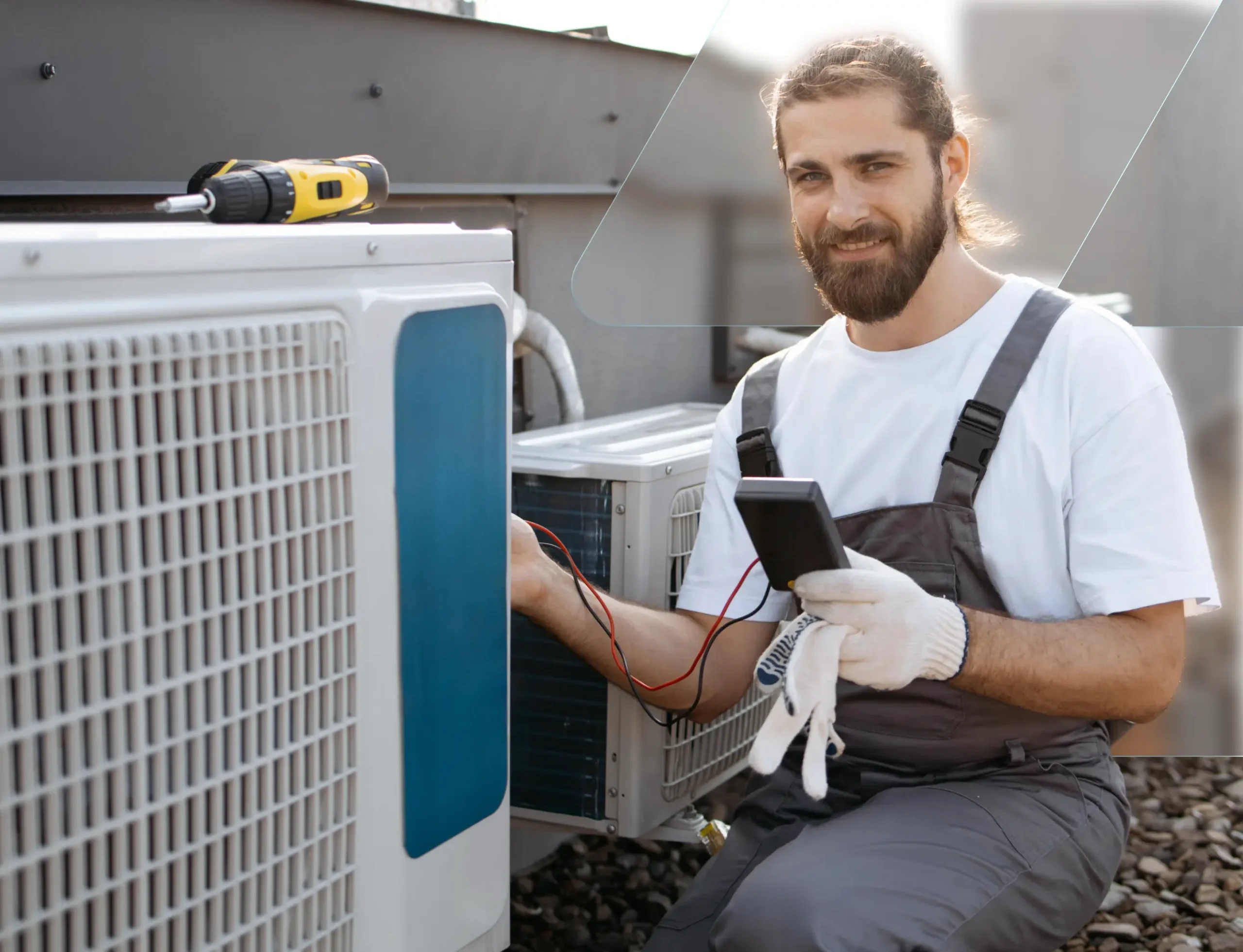 HVAC technician servicing an outdoor air conditioning unit