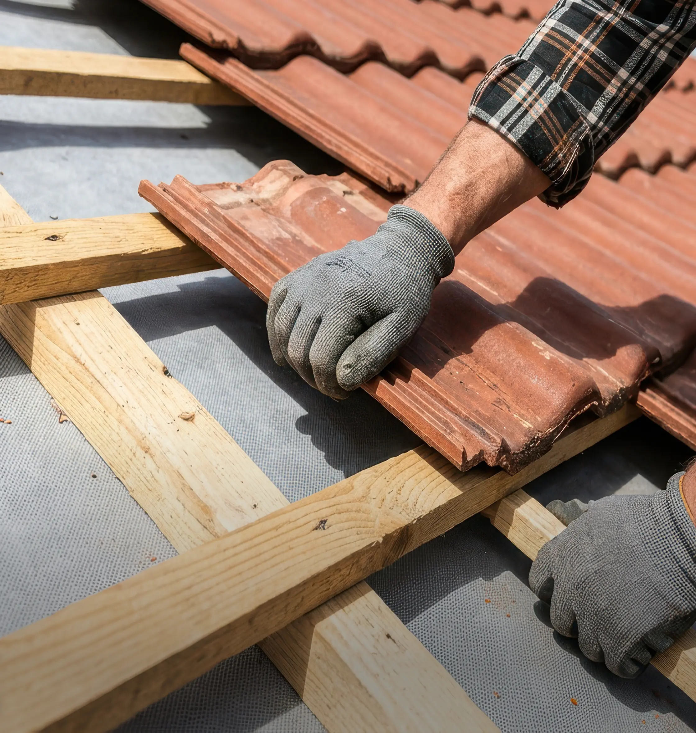 Roofer in work gloves laying clay roof tiles