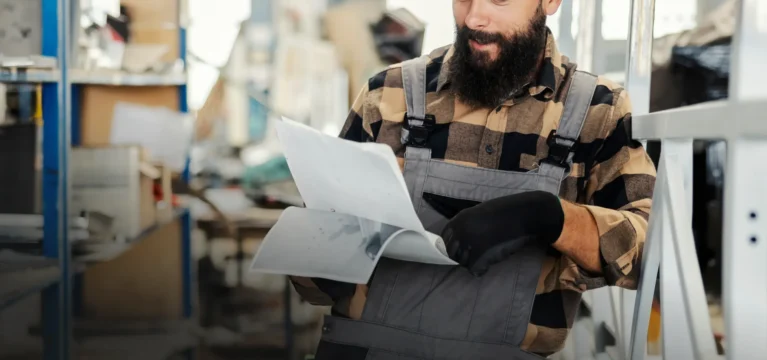 Manufacturing worker reading paperwork on the factory floor