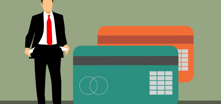 Illustration of man consumed by business debt with empty pockets